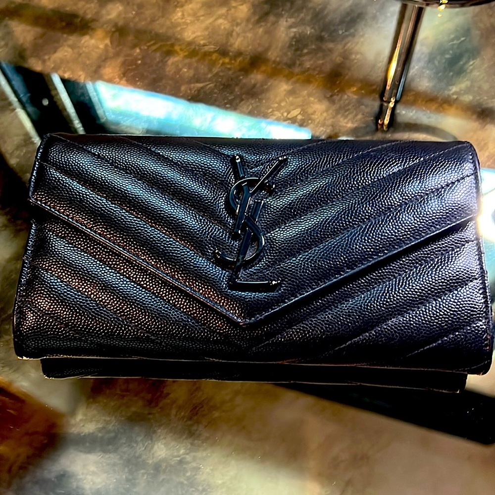 Yves Saint Laurent large flap monogram wallet black on black